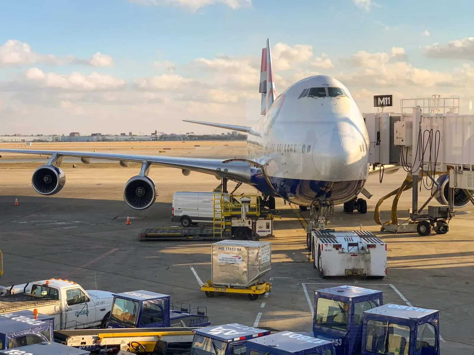 Cargo aircraft being loaded on an airport apron