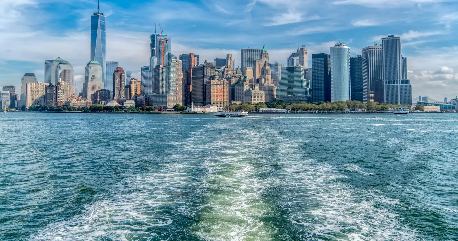 Manhattan seen from the water in New York Harbor