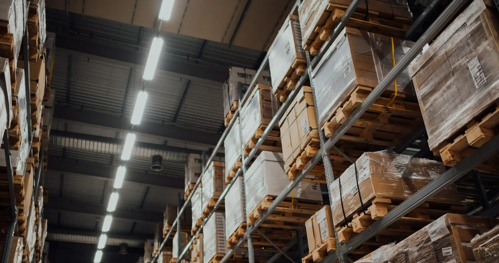 Pallet racks with boxes in a warehouse